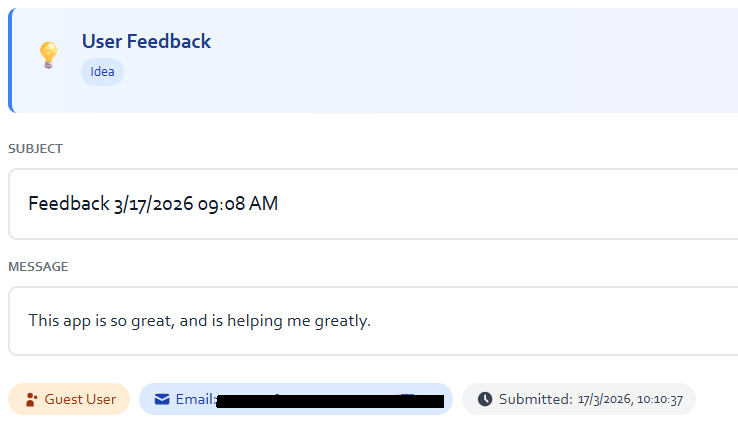 Learner feedback screenshot saying the app is so great