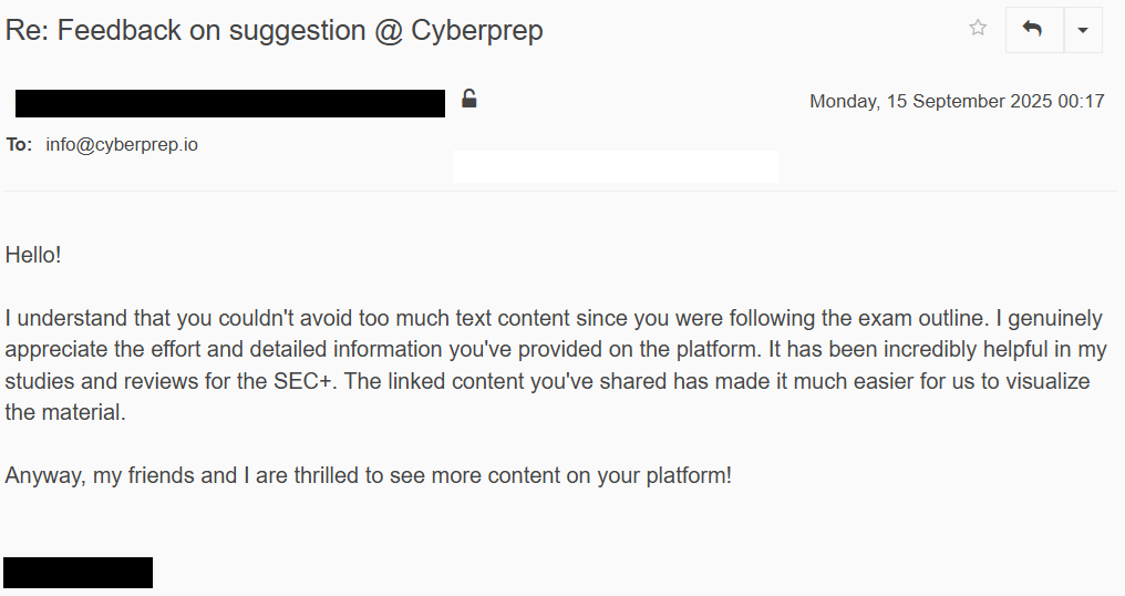 Learner feedback screenshot about CyberPrep study experience number one