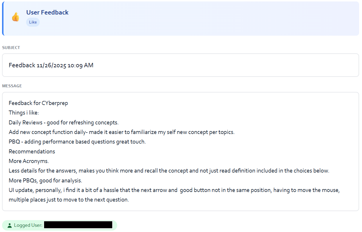 Learner feedback screenshot about CyberPrep study experience number two