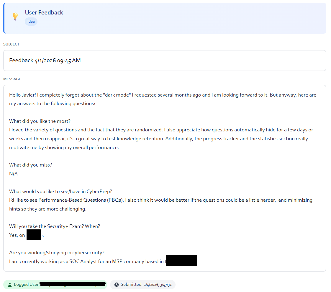 Learner feedback screenshot saying they loved the variety