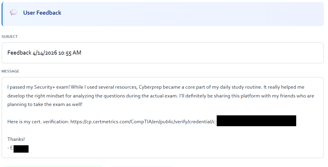 Learner feedback screenshot saying they passed the exam